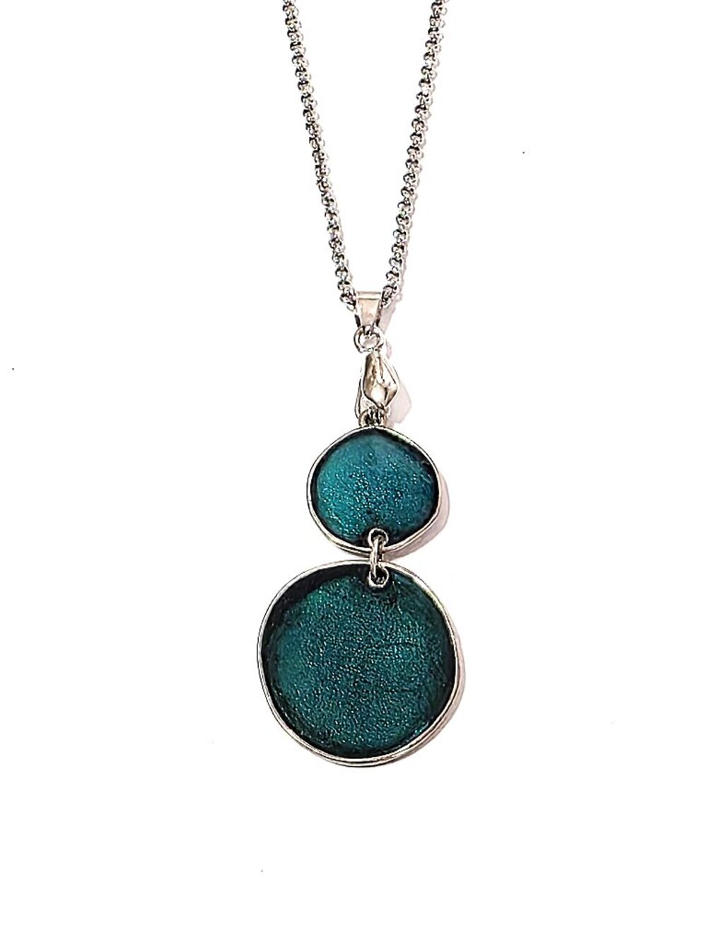 Teal resin & stainless steel pendant necklace
